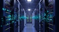 Data Center Server Room with Blue Lighting and Cables Internet Network Infrastructure for Cloud Computing and Data Royalty Free Stock Photo