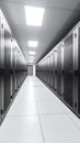 Data Center Server Room Corridor with Rows of Rack Mounted Servers in Black and White Royalty Free Stock Photo
