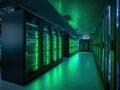 data center or server room featuring rows of dark server racks, illuminated by striking green and blue neon light. Represents big Royalty Free Stock Photo