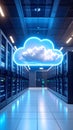 Data center server room with glowing cloud computing symbol and servers Royalty Free Stock Photo