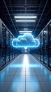 Data center server room with glowing cloud computing symbol, technology concept Royalty Free Stock Photo