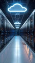 Data Center Server Room with Glowing Cloud Symbol for Digital Storage Royalty Free Stock Photo