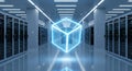 Data center server room with glowing cube for cloud computing and data storage and processing concept Royalty Free Stock Photo