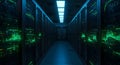 Data Center Server Room with Green Digital Network Displays in Modern Technology Environment Royalty Free Stock Photo