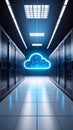 Data center server room with illuminated cloud computing symbol, technology concept Royalty Free Stock Photo