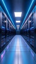 Data Center Server Room Interior with Illuminated Racks and Blue Lighting Royalty Free Stock Photo