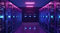 Data center server room with multiple high-density racks housing computer servers for business applications. Network