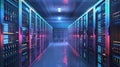 Data center server room with multiple rows of computer racks. Server equipment, network hardware, storage systems installed in Royalty Free Stock Photo