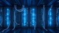 Data Center Server Room Network Servers, Cables, and Blue Lights Royalty Free Stock Photo