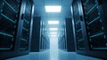 Data Center Server Room Network Technology. Modern Cloud Computing with Blue Lights. Royalty Free Stock Photo