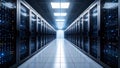 Data center server room with rows of computer racks and illuminated hallway. Royalty Free Stock Photo
