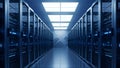 Data center server room with rows of racks, blue LED lights, modern technology concept Royalty Free Stock Photo