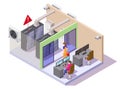 Data center or server room with server racks and computer operator, system administrator, vector isometric illustration.