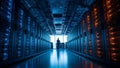 Data center server room with technician and illuminated racks Royalty Free Stock Photo