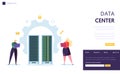 Data Center Server Staff Landing Page. Business Character Support Datacenter with Laptop Computer Database Hosting