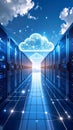 Data Center Servers with Cloud Computing Symbol and Network Connections Against Blue Sky Royalty Free Stock Photo