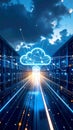 Data center servers with glowing cloud computing concept and network connections Royalty Free Stock Photo