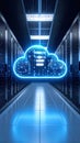 Data center servers with glowing cloud computing symbol for digital storage and network Royalty Free Stock Photo