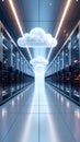 Data center servers with glowing cloud icons representing cloud computing and data storage. Royalty Free Stock Photo