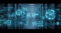 Futuristic Data Center Servers Network with Digital Interface Simulation of Information Flow in Blue Tones and Hitech Royalty Free Stock Photo