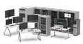Data Center Servers and Network Infrastructure Rendering on White Background with Multiple Racks, Desktops and Monitor Royalty Free Stock Photo