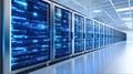 Data center servers process and store information with blinking blue lights, showcasing the power of technology and Royalty Free Stock Photo