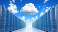Data center servers under a bright blue sky with fluffy white cloud computing concept Royalty Free Stock Photo