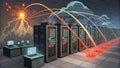 Data center with servers under DDoS attack, showcasing cyber threats Royalty Free Stock Photo
