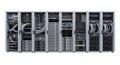 Data Center Servers in White Isolated Background Featuring Rows of Computer Equipment with Cables and Network Royalty Free Stock Photo