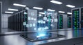 Data Center Tablet Displaying Network Diagram with Server Racks in Background Royalty Free Stock Photo