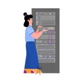 Data center technician controls servers work, flat vector illustration isolated. Royalty Free Stock Photo