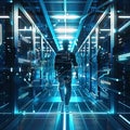 Data Center Technician Navigating a Futuristic Server Room for Maintenance and Upgrade Royalty Free Stock Photo