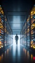Data center technician server rack server corridor network cybersecurity maintenance silhouette walking past glowing server Royalty Free Stock Photo