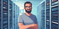 Data center technician standing confidently among server racks in modern facility Royalty Free Stock Photo