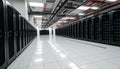 Data center with two rows of tall, black server racks lining a glossy, white-tiled