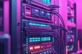 Data center with vibrant purple and blue network lights visualizing data processing server management and digital infrastructur