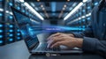 Data center worker unlocking future with modern technology and laptop Royalty Free Stock Photo