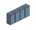 Data centre with server racks isometric 3D icon. Internet network equipment, cloud database sign