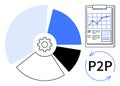 Data chart analytics concept with pie chart, gear, clipboard, and P2P arrows for business strategy Royalty Free Stock Photo