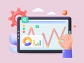 Data charts, statistics report on tablet screen, 3d vector illustration. Statistical analysis, research, data analytics