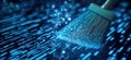 Data cleaning process visualized with broom sweeping digital code and particles, copy space for text Royalty Free Stock Photo