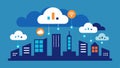 Data Clouds Clouds filled with binary codes and data icons drifting over a cityscape representing how 5G enhances data