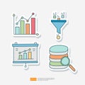 data collection and analysis concept doodle sticker icon set vector illustration. Statistics science technology, machine learning