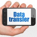Data concept: Hand Holding Smartphone with Data Transfer on display Royalty Free Stock Photo