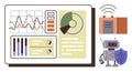 Data Dashboard with Analytics, Robot Assistant, and Cybersecurity Elements for Tech and Security Themes Royalty Free Stock Photo