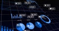 Data dashboard displaying financial metrics in virtual interface, with 3D charts and social icons Royalty Free Stock Photo