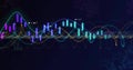 Data dashboard showing neon waves and candlestick bars in dark UI, with data labels, honeycomb grid Royalty Free Stock Photo