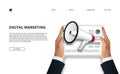 Data of digital marketing concept with illustration of hand holding tablet with data chart and megaphone for promotion advertising