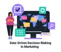 Data-driven marketing concept woman analyzing global map with charts icons colorful design elements digital screen