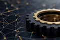 Data Dynamics: Mechanical gears and gear systems visualized through interconnected lines, dots, big data graphics with